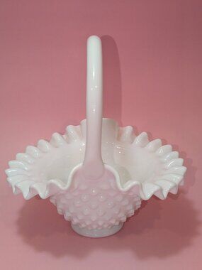 Fenton Milk Glass Hobnail Basket Ruffled Edge Vintage
